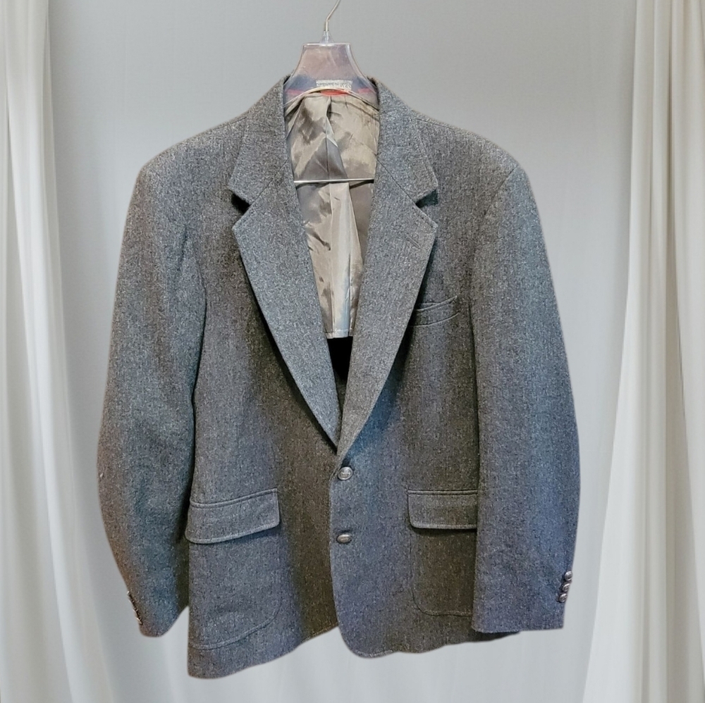 Vtg Arnold Palmer Size 44L Gray tweed Metal Buttons Suit Sport Jacket Blazer T23